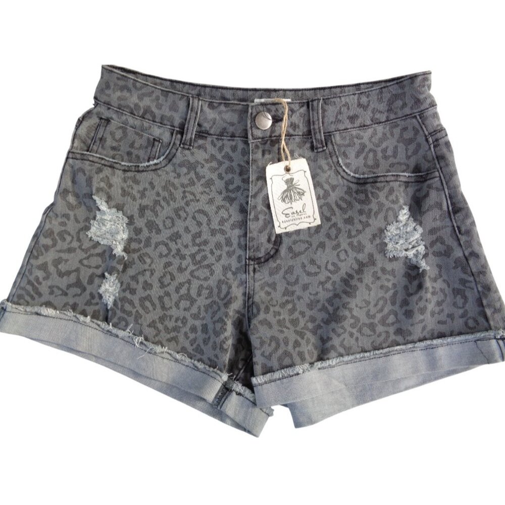 Easel Black Leopard Animal Print Distressed Denim Jean Shorts Stretch Cuffed M